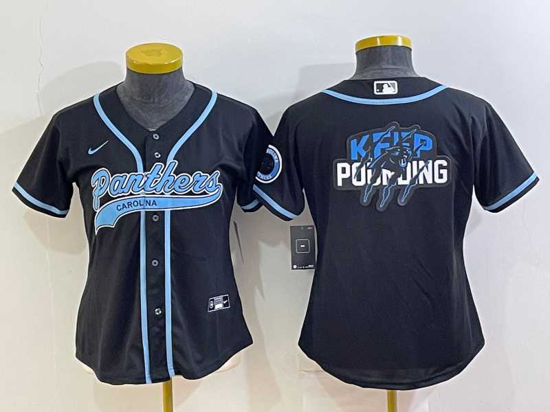 Women%27s Carolina Panthers Black Team Big Logo With Patch Cool Base Stitched Baseball Jersey